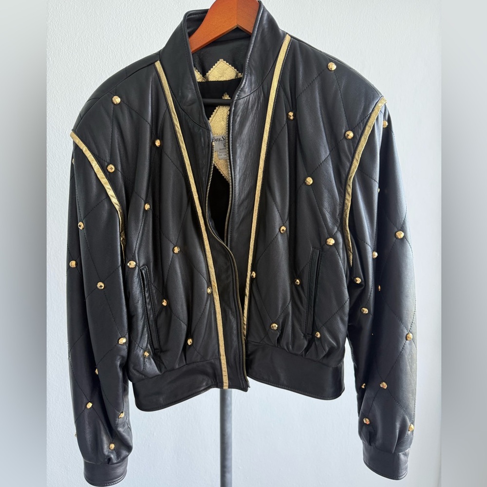 Vintage Yves St Tropez Black Leather Gold Studded Quilted Jacket RARE